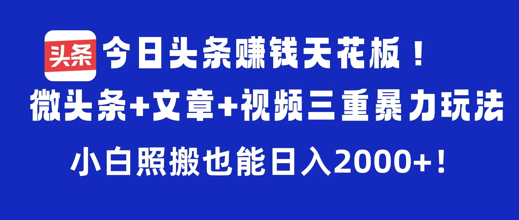 今日头条赚钱天花板！微头条+文章+视频三重暴力玩法，小白照搬也能日入2000+-小二项目网