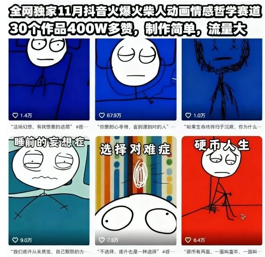 全网独家11月抖音火爆火柴人动画情感哲学赛道，30个作品400W多赞，制作简单，流量大【教学+素材】-小二项目网
