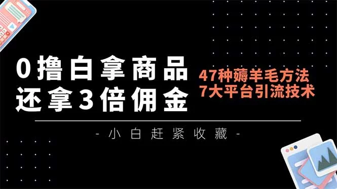 （16780期）0撸白拿商品，还拿3倍佣金，47种薅羊毛方法，7大平台全方位引流技术教学，精专月入过万-小二项目网