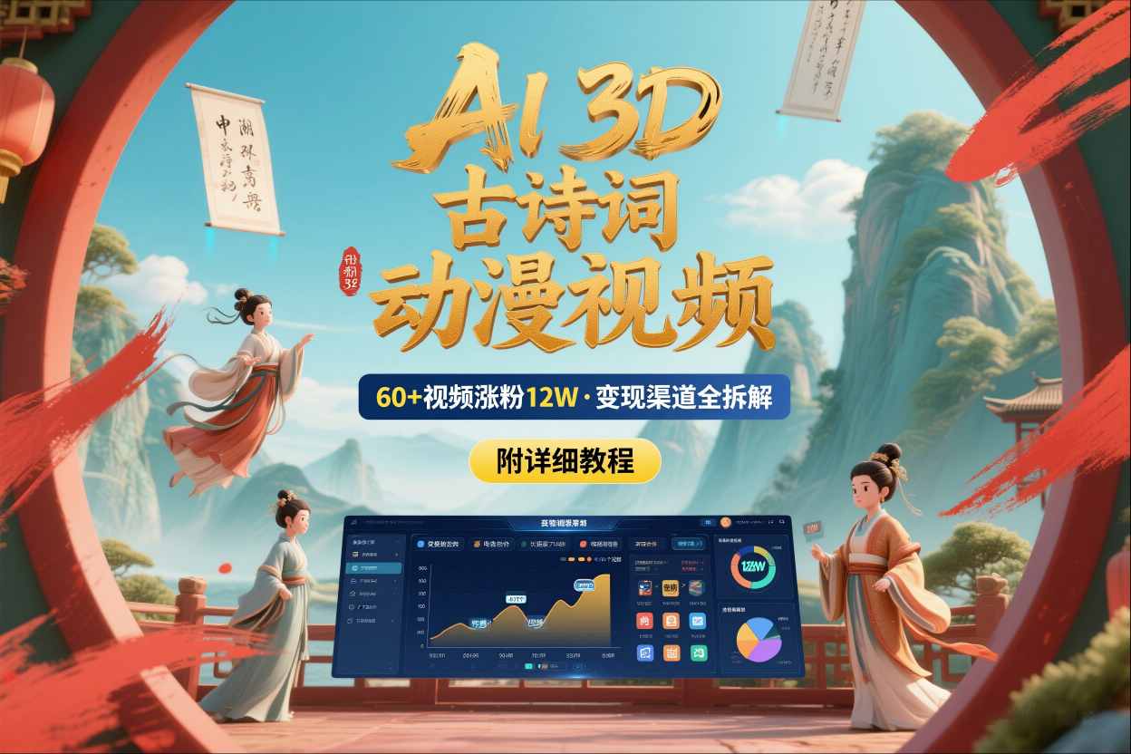 AI制作3D古诗词动漫视频，60多个视频涨粉12W，多个变现渠道拆解【附详细教程】-小二项目网