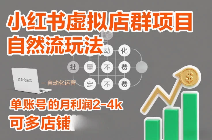 小红书虚拟店群项目，自然流玩法，批量自动化，稳定不费号，单账号的月利润2-4k，可多店矩阵-小二项目网