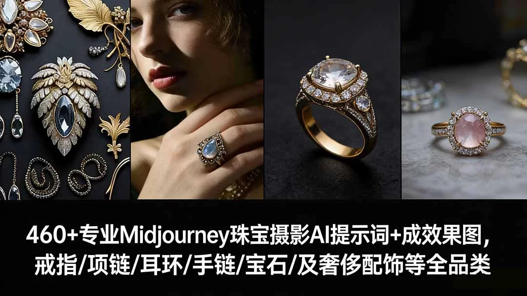 （17272期）460+专业Midjourney珠宝摄影AI提示词+成效果图，戒指/项链/耳环/手链/宝石/及奢侈配饰等全品类-小二项目网