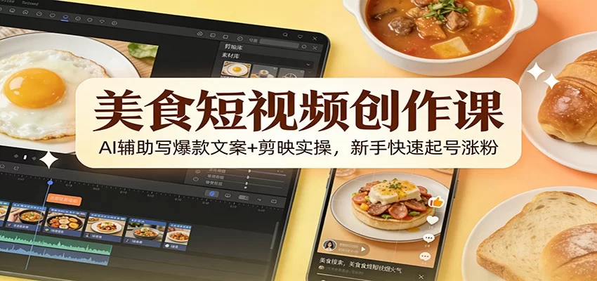 美食短视频创作课：AI辅助写爆款文案+剪映实操，新手快速起号涨粉-小二项目网