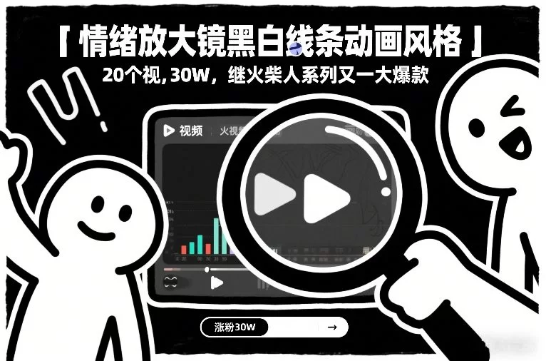 情绪放大镜黑白线条动画风格，20个视频，涨粉30W，继火柴人系列又一大爆款-小二项目网