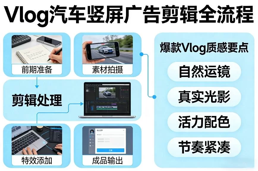 Vlog感觉汽车竖屏广告剪辑脚本全流程，拿捏爆款Vlog质感-小二项目网