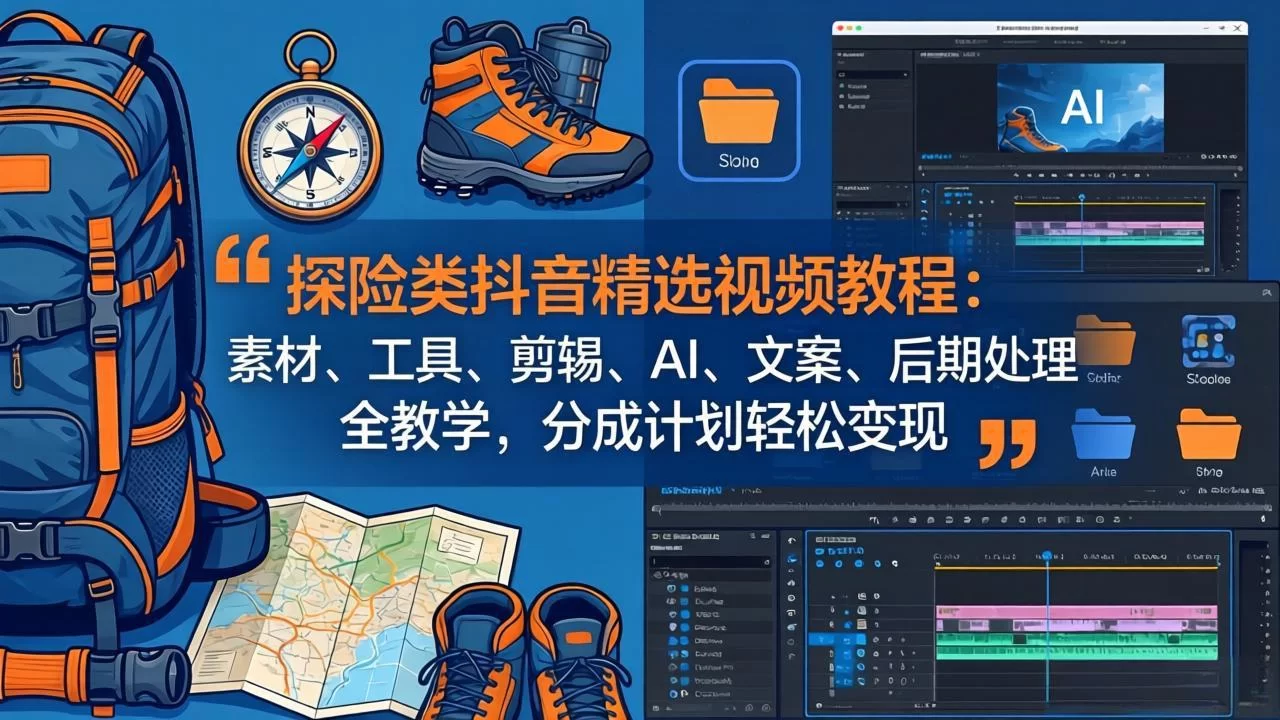（17994期）探险类抖音精选视频教程：素材、工具、剪辑、AI、文案、后期处理全教学，分成计划轻松变现-小二项目网