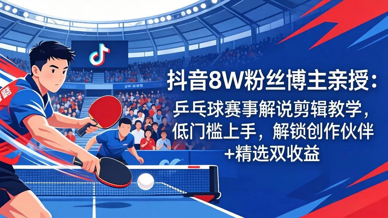 （18069期）抖音8W粉丝博主亲授：乒乓球赛事解说剪辑教学，低门槛上手，解锁创作伙伴+精选双收益-小二项目网