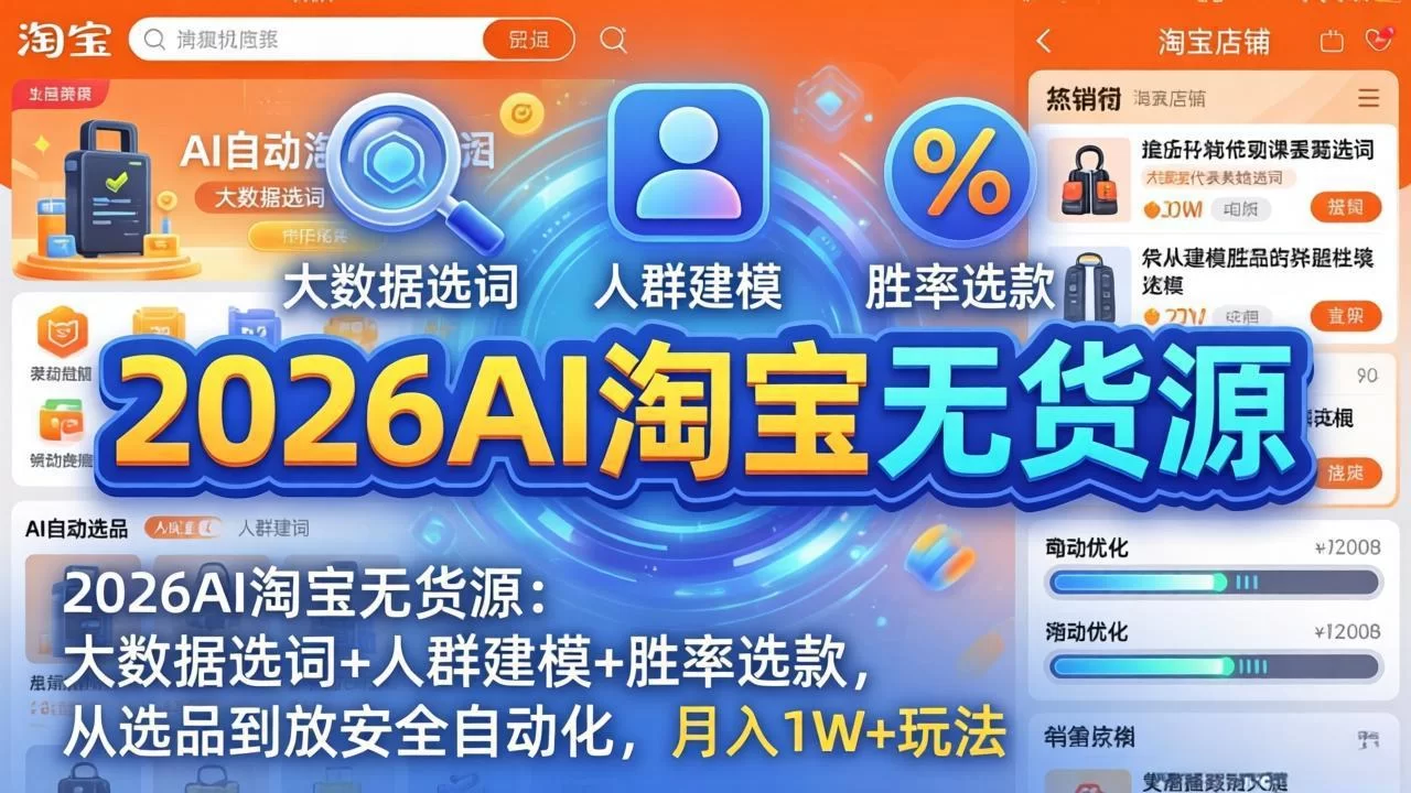 （18110期）2026AI淘宝无货源-4月19更新：大数据选词+人群建模+胜率选款，从选品到放大全自动化，月入1W+-小二项目网