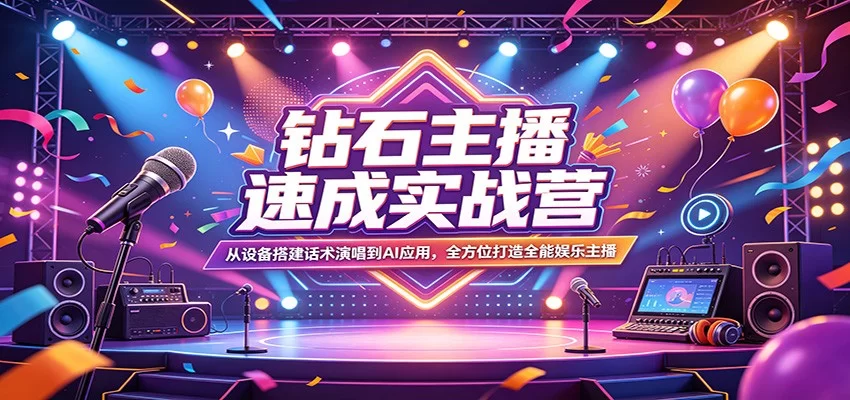 钻石主播速成实战营：从设备搭建话术演唱到AI应用，全方位打造全能娱乐主播-小二项目网