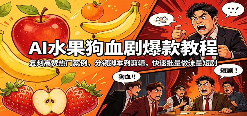 AI水果狗血剧爆款教程：复刻高赞热门案例，分镜脚本到剪辑，快速批量做流量短剧-小二项目网