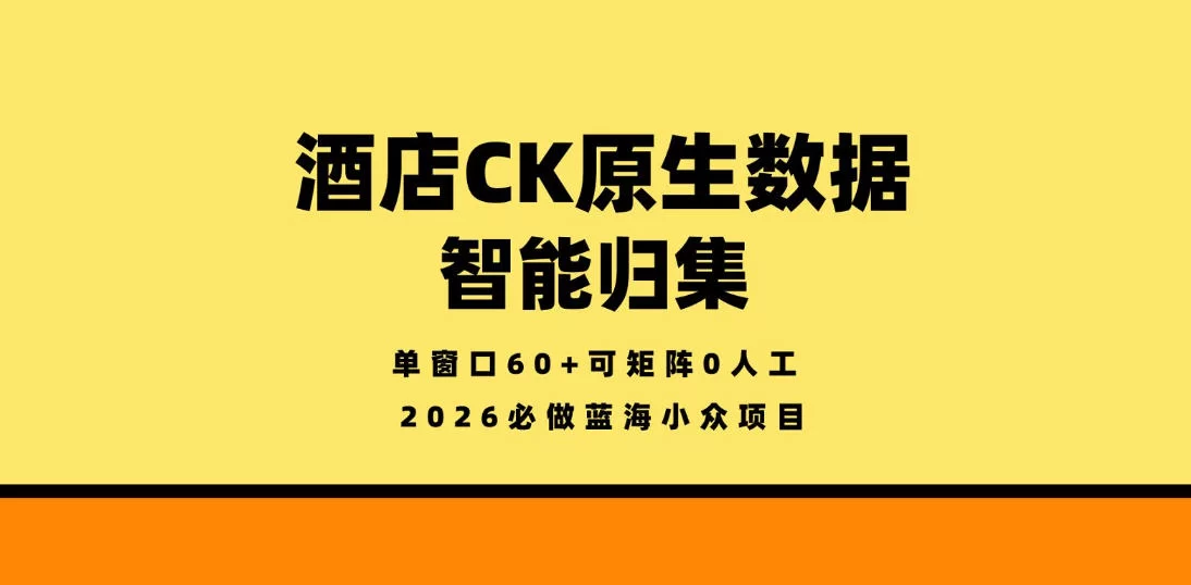 酒店CK原生数据智能归集，单窗口60+可矩阵0人工，2026必做蓝海小众项目【揭秘】-小二项目网