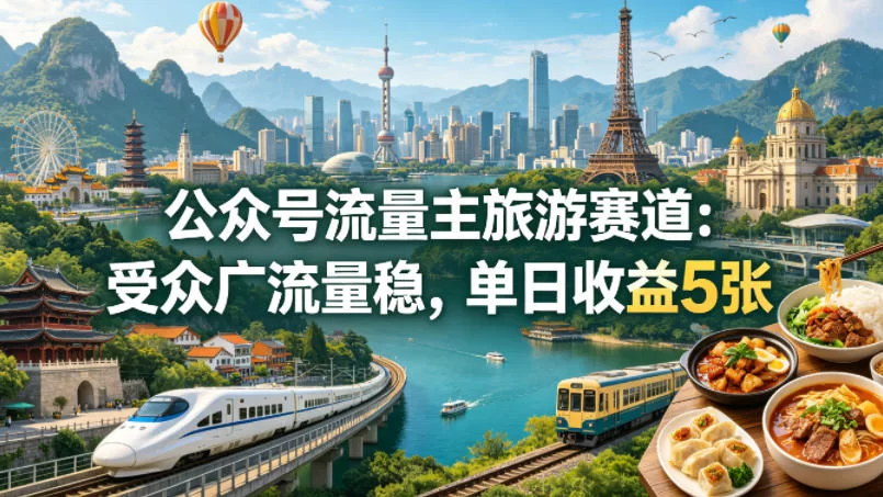 公众号流量主之旅游赛道，受众广+流量稳，平均单日收益5张+-小二项目网