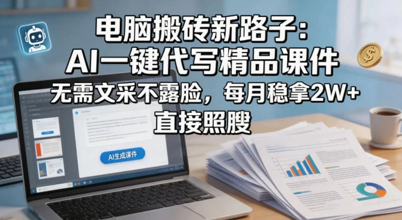 电脑搬砖新路子：AI一键代写精品课件，无需文采不露脸，每月稳拿2W+，直接照搬-小二项目网