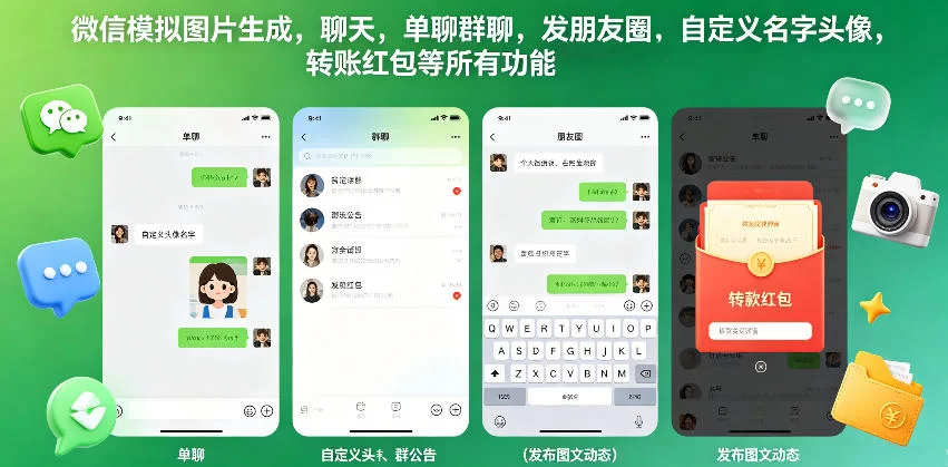 微信模拟图片生成，聊天，单聊群聊，发朋友圈，自定义名字头像，转账红包等所有功能都可以生成-小二项目网
