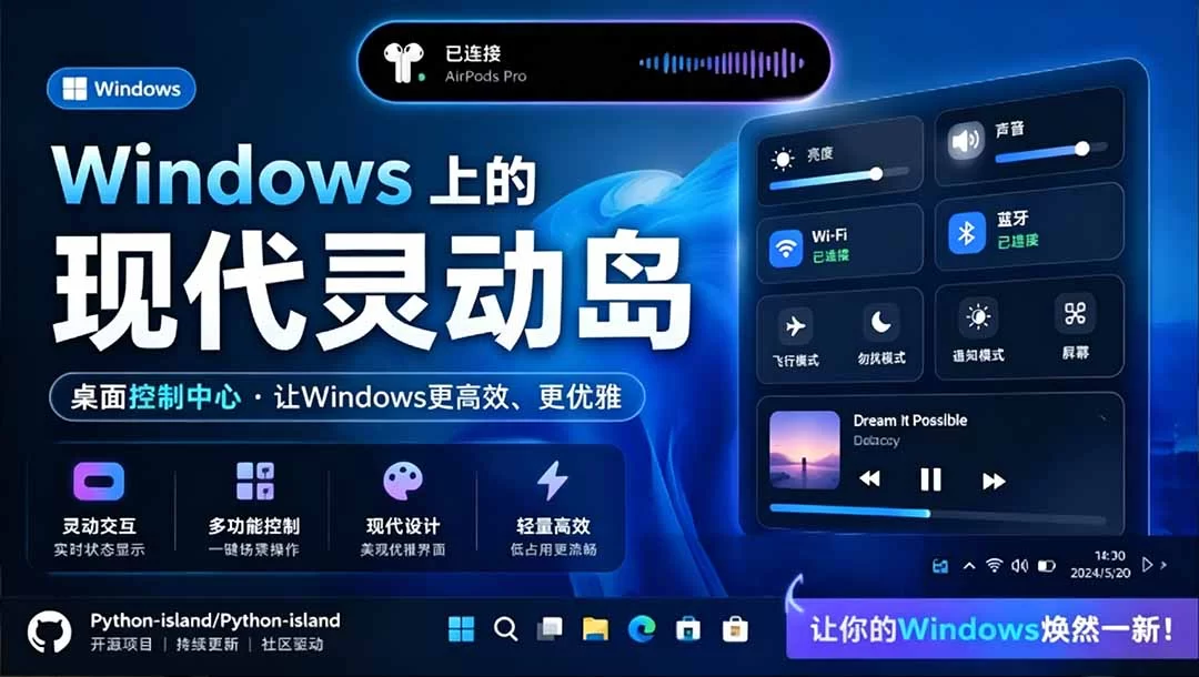 （19104期）Windows也能拥有桌面灵动岛！现代化的系统控制中心，让你的电脑多个黑刘海，PyIsland-小二项目网