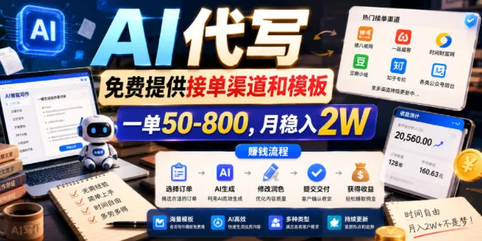AI代写，免费提供接单渠道和模板，一单50-800，月稳入2W【揭秘】-小二项目网