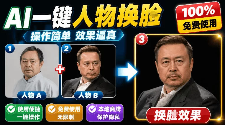 纯离线本地运行！AI一键人物lian部替换软件，支持图片换lian，效果逼真，最便捷换lian工具FaceSwap-小二项目网