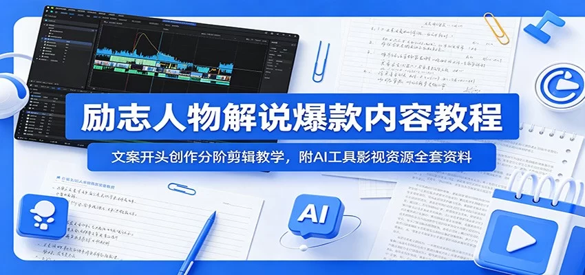 励志人物解说爆款内容教程：文案开头创作分阶剪辑教学，附AI 工具影视资源全套资料-小二项目网