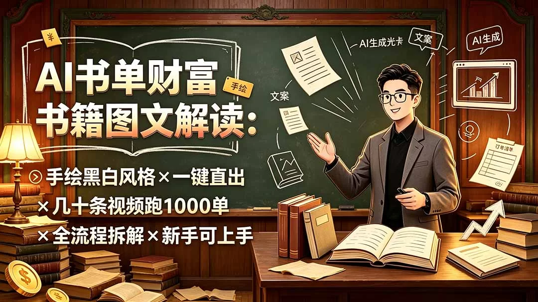 （19515期）AI书单财富书籍图文解读：手绘黑白风格×一键直出×几十条视频跑1000单×全流程拆解×新手可上手-小二项目网
