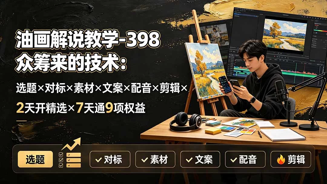 （19587期）油画解说教学-398众筹来的技术-刯新：选题×对标×素材×文案×配音×剪辑×2天开精选×7天通9项权益-小二项目网