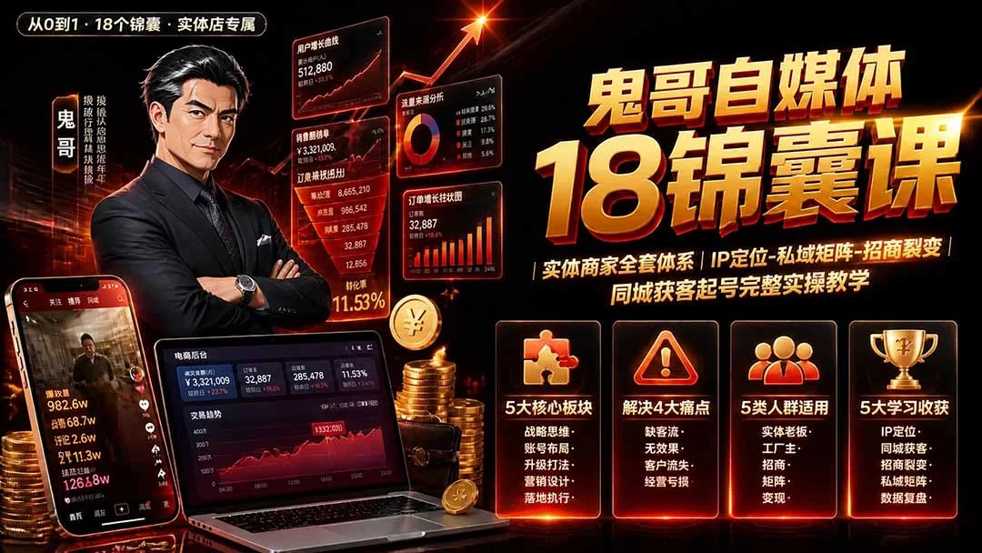 （19632期）鬼哥自媒体18锦囊课｜实体商家全套体系｜IP 定位-私域矩阵-招商裂变｜同城获客起号完整实操教学-小二项目网
