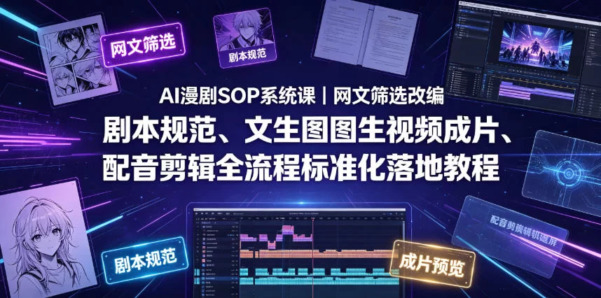 AI漫剧SOP系统课｜网文筛选改编、剧本规范、文生图图生视频成片、配音剪辑全流程标准化落地教程-小二项目网