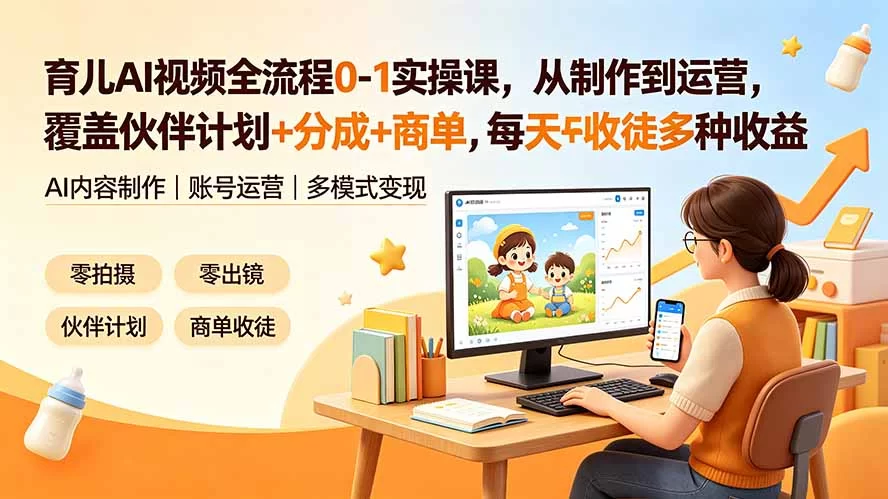 （19236期）育儿AI视频全流程0-1实操课，从制作到运营，覆盖伙伴计划+分成+商单+收徒多种收益，每天500+收益-小二项目网