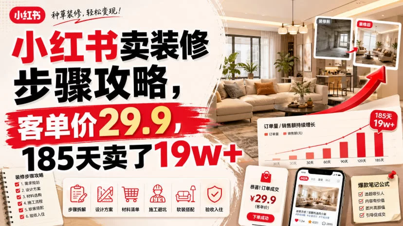小红书卖装修步骤攻略，客单价29.9，185天卖了19w+！-小二项目网