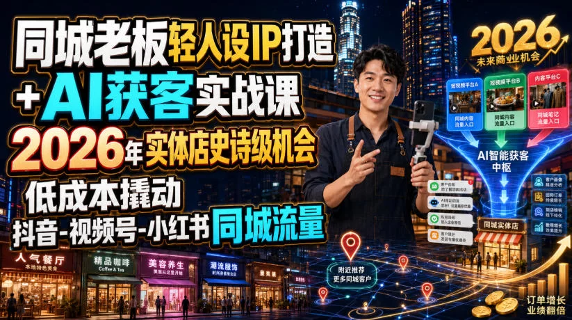 同城老板轻人设IP打造+AI获客实战课，2026年实体店史诗级机会，低成本撬动抖音-视频号-小红书同城流量-小二项目网