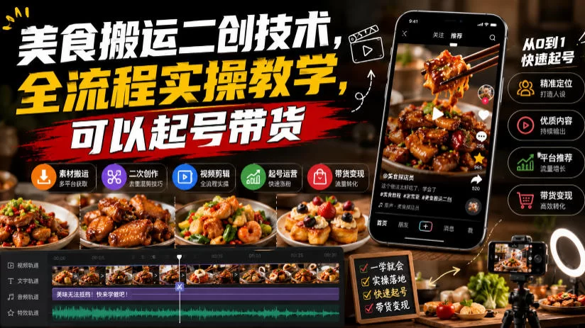 美食搬运二创技术，全流程实操教学，可以起号带货-小二项目网