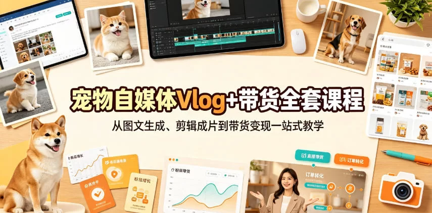 宠物自媒体Vlog+带货全套课程｜从图文生成、剪辑成片到带货变现一站式教学-小二项目网