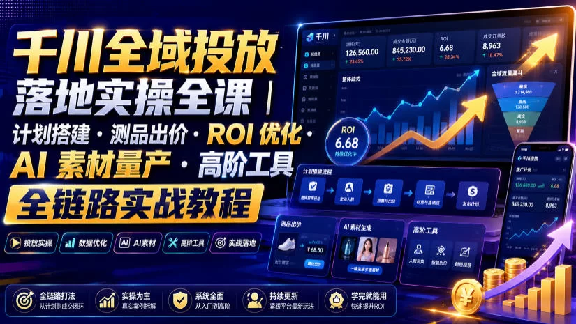 千川全域投放落地实操全课｜计划搭建・测品出价・ROI优化・AI素材量产・高阶工具全链路实战教程-小二项目网