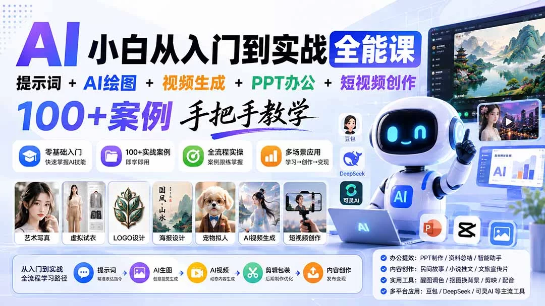 （20018期）AI小白从入门到实战全能课：提示词+AI绘图+视频生成+PPT办公+短视频创作，100+案例手把手教学-小二项目网
