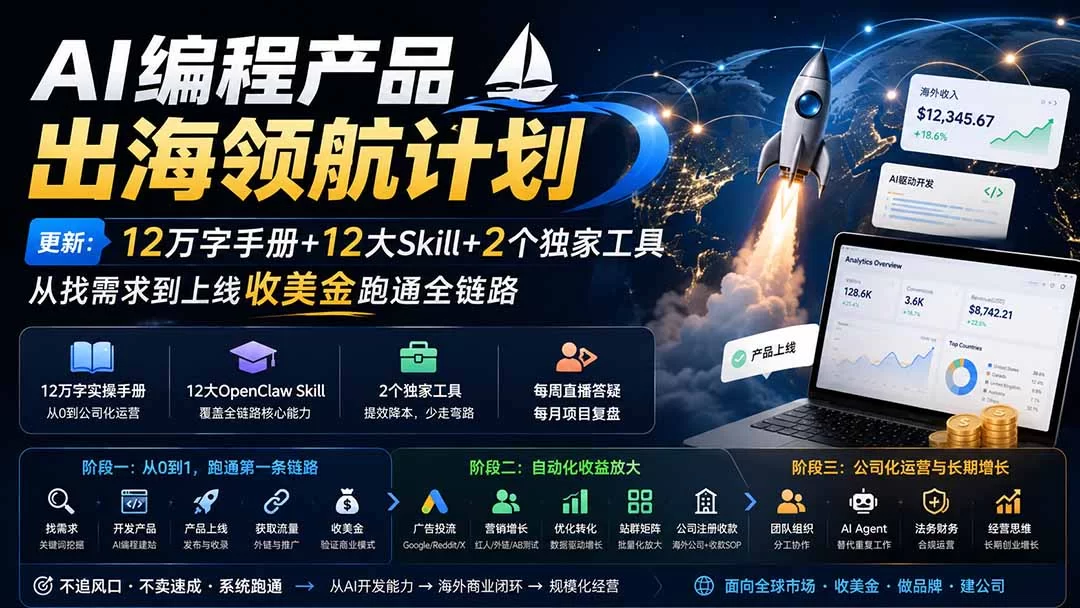 （20099期）AI编程产品出海领航计划-更新：12万字手册+12大Skill+2个独家工具，从找需求到上线收美金跑通全链路-小二项目网
