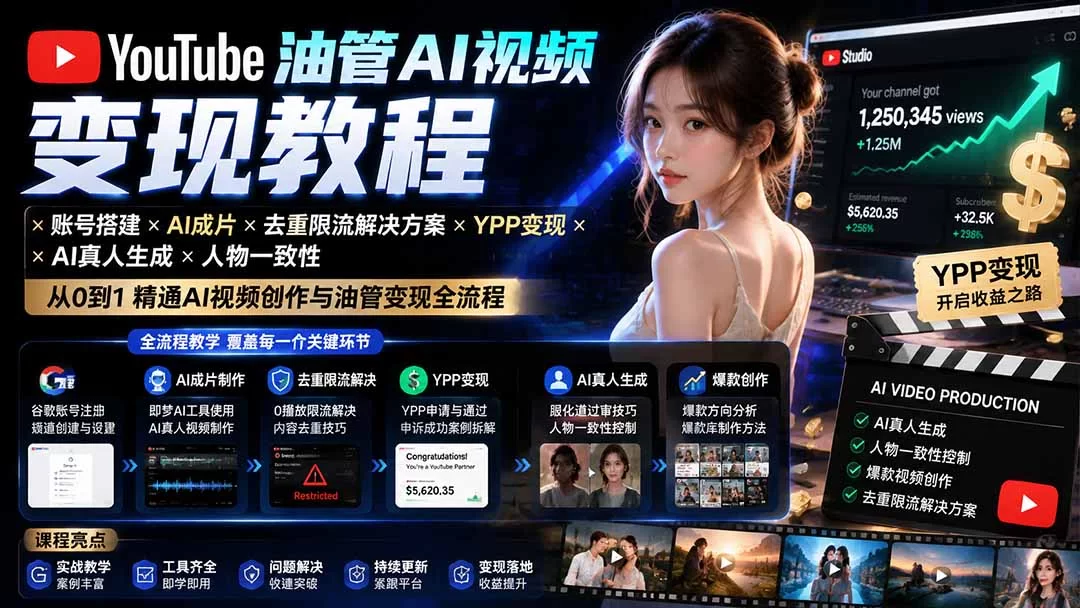 （19689期）YouTube油管AI视频变现教程：账号搭建×AI成片×去重限流解决方案×YPP变现×AI真人生成×人物一致性-小二项目网