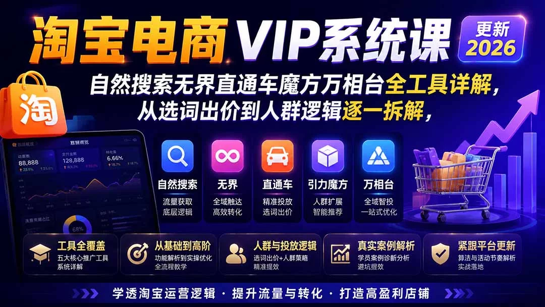（20035期）淘宝电商VIP系统课-更新8月；自然搜索无界直通车魔方万相台全工具详解，从选词出价到人群逻辑逐一拆解-小二项目网