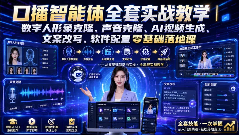 口播智能体全套实战教学｜数字人形象克隆、声音克隆、AI视频生成、文案改写、软件配置零基础落地课-小二项目网