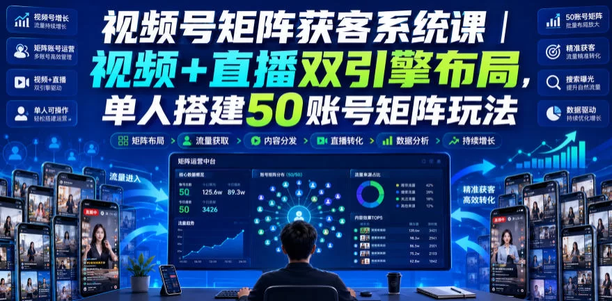 视频号矩阵获客系统课｜视频+直播双引擎布局，单人搭建50账号矩阵玩法，流量入池、搜索占位、全域引流沉淀私域全流程教学-小二项目网