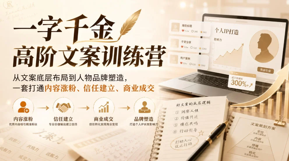 一字千金高阶文案训练营，从文案底层布局到人物品牌塑造，一套打通内容涨粉、信任建立、商业成交-小二项目网