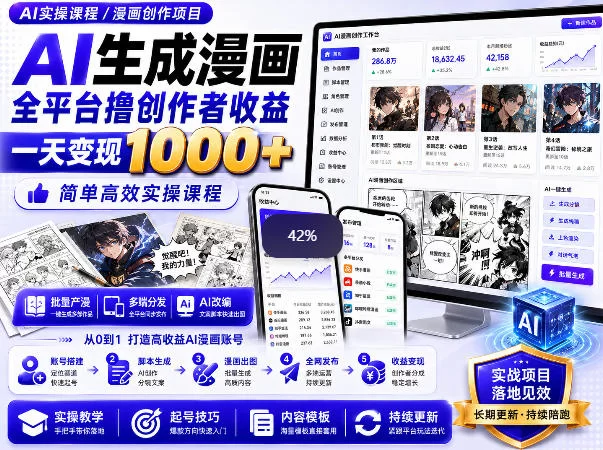 AI生成漫画全平台撸创作者收益内部课程，实操最高单日变现1k+-小二项目网