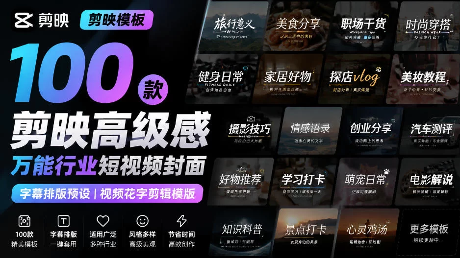 【剪映模板】100款剪映高级感万能行业短视频封面字幕排版预设视频花字剪辑模版-小二项目网