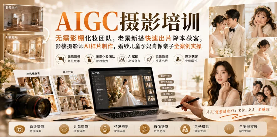 AIGC摄影培训｜无需影棚化妆团队，老景新搭快速出片降本获客，影楼摄影师AI样片制作，婚纱儿童孕妈肖像亲子全案例实操-小二项目网