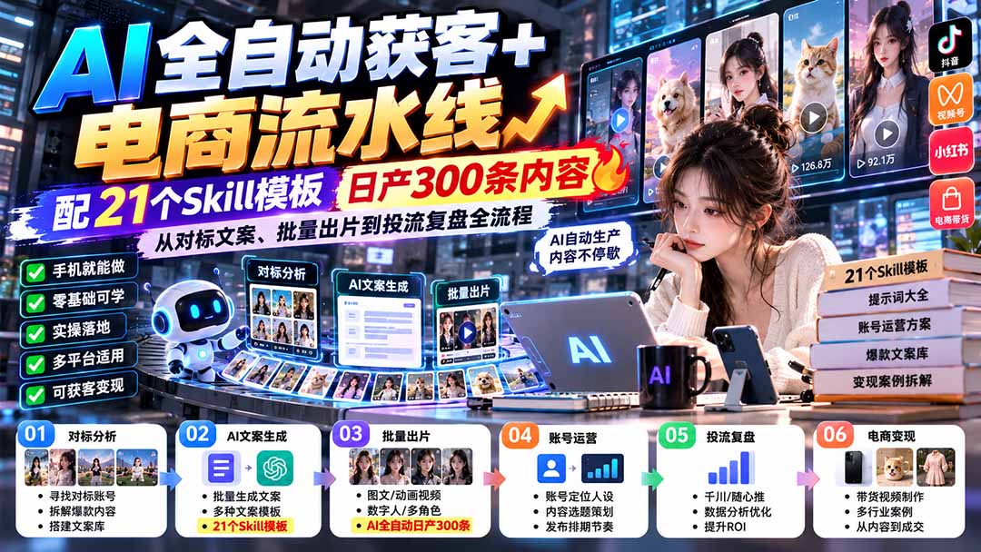 （20713期）【无水印】AI全自动获客+电商流水线-更新0929：配21个Skill模板，日产300条内容，从对标文案、批量出片到投流全流程-小二项目网