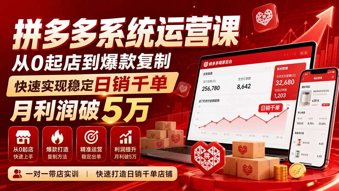（20547期）拼多多系统运营课-无水印(更新9月)，从0起店到爆款复制，快速实现稳定日销千单，月利润破5万-小二项目网