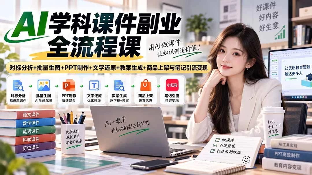 （20469期）AI学科课件副业全流程课｜对标分析+批量生图+PPT制作+文字还原+教案生成+商品上架与笔记引流变现-小二项目网