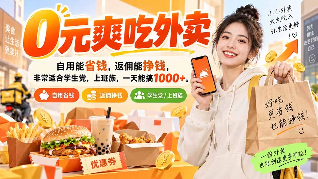 （20309期）0元爽吃外卖，自用能省钱，返佣能挣钱，非常适合学生党，上班族，一天能搞1000+-小二项目网