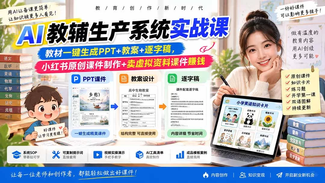 （20542期）AI教辅生产系统实战课｜教材一键生成PPT+教案+逐字稿，小红书原创课件制作+卖虚拟资料课件赚钱-小二项目网