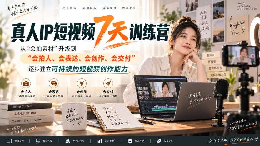 真人IP短视频7天训练营，从“会拍素材”升级到“会拍人、会表达、会创作、会交付”，逐步建立可持续的短视频创作能力-小二项目网