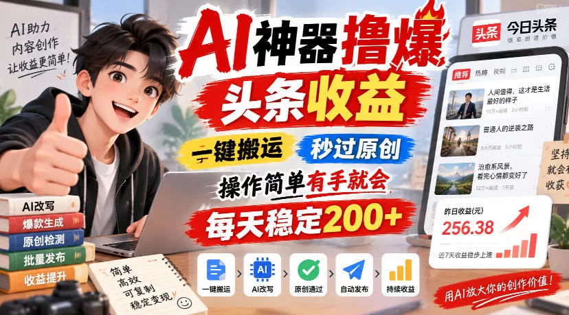 AI神器撸爆头条收益，一键搬运，秒过原创，操作简单有手就会，每天稳定200+【揭秘】-小二项目网