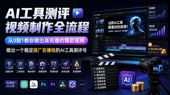 AI工具测评视频制作全流程，从0到1教你做出高完播的爆款视频，做出一个稳定接广告賺钱的AI工具测评号-小二项目网